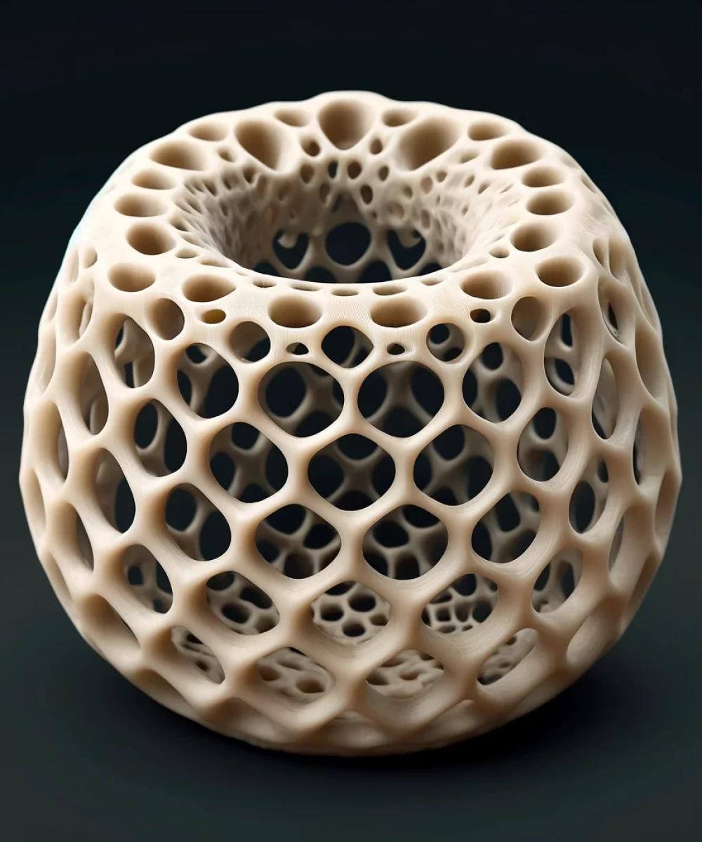 DALL·E 2024-10-01 13.49.02 - A detailed 3D render of a medical prosthesis made from PLGA_HA filament. The prosthesis should exhibit a porous structure to enhance cell infiltration