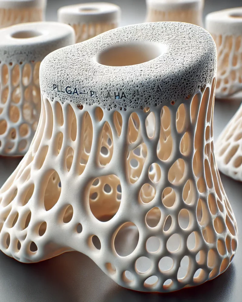 DALL·E 2024-10-01 13.51.46 - A detailed 3D render of bone implants made from PLGA-HA filament. The implants should display a realistic design suitable for bone replacement, featur